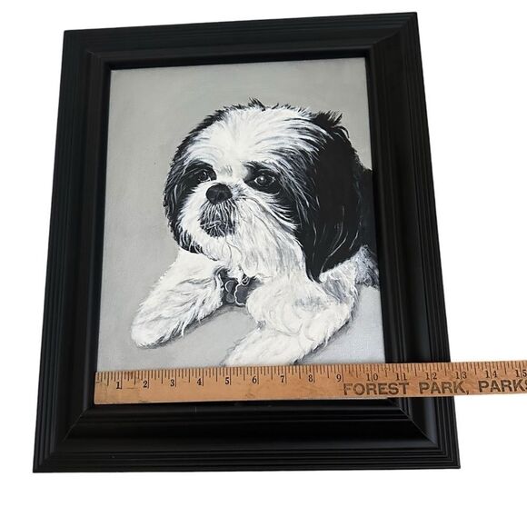 Shih Tzu Dog Puppy Artist Signed Painting Portrait Black Frame 15”x18” Eclectic - Picture 7 of 11